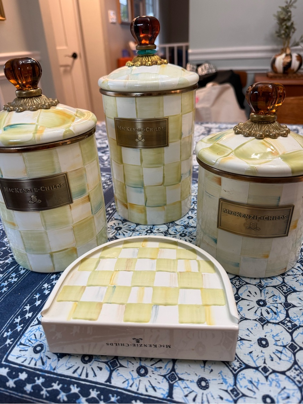 MacKenzie-Childs Yellow Green Check Canister Set with Amber Knobs